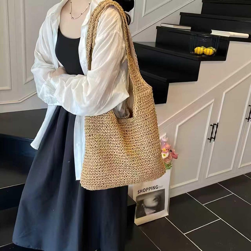 QTKJ Hand-woven Soft Large Straw Shoulder Bag Boho Straw Handle Tote Retro Summer Beach Bag Rattan Handbag (Khaki) - Image 4